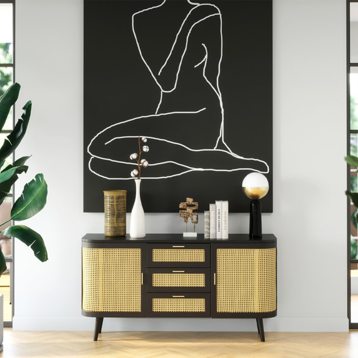 Buffet Wendy noir en bois et  cannage