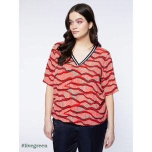 Fiorella Rubino - Blusa boxy estampada con borde de rayas - Rojo