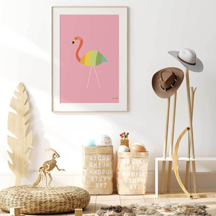 Affiche enfant flamant citron  Affiche + cadre en bois - Chêne