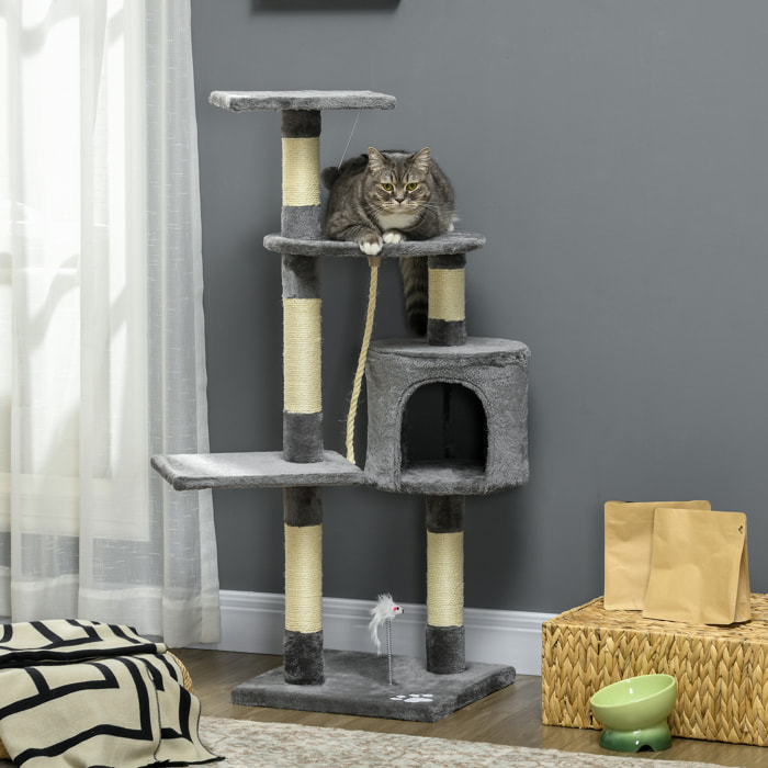 Rascador para Gatos Altura 116 cm Árbol para Gatos Torre de Escalada con Postes Rascadores de Sisal Cueva Plataformas y Juguetes Divertidos Colgantes Gris Oscuro