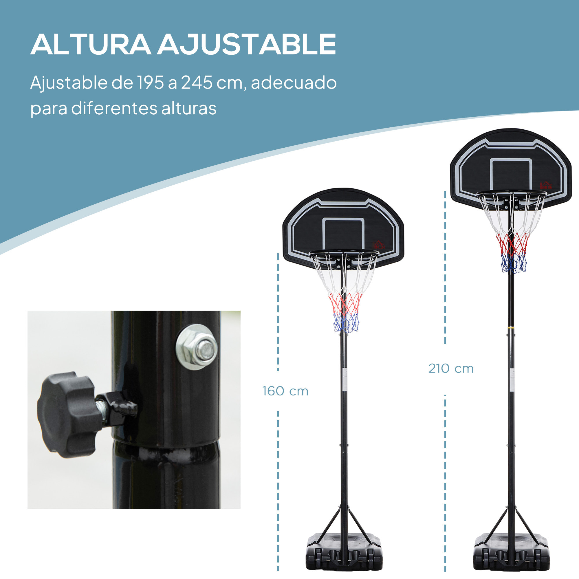 Canasta de Baloncesto para Exterior, Altura Ajustable 160-210 cm, Canasta de Baloncesto Portátil con Tablero de PE, Ruedas y Base Rellenable con Ranura, para Adolescentes y Adultos, Negro