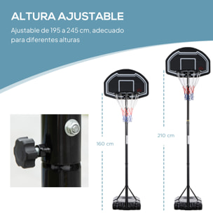 Canasta de Baloncesto para Exterior, Altura Ajustable 160-210 cm, Canasta de Baloncesto Portátil con Tablero de PE, Ruedas y Base Rellenable con Ranura, para Adolescentes y Adultos, Negro