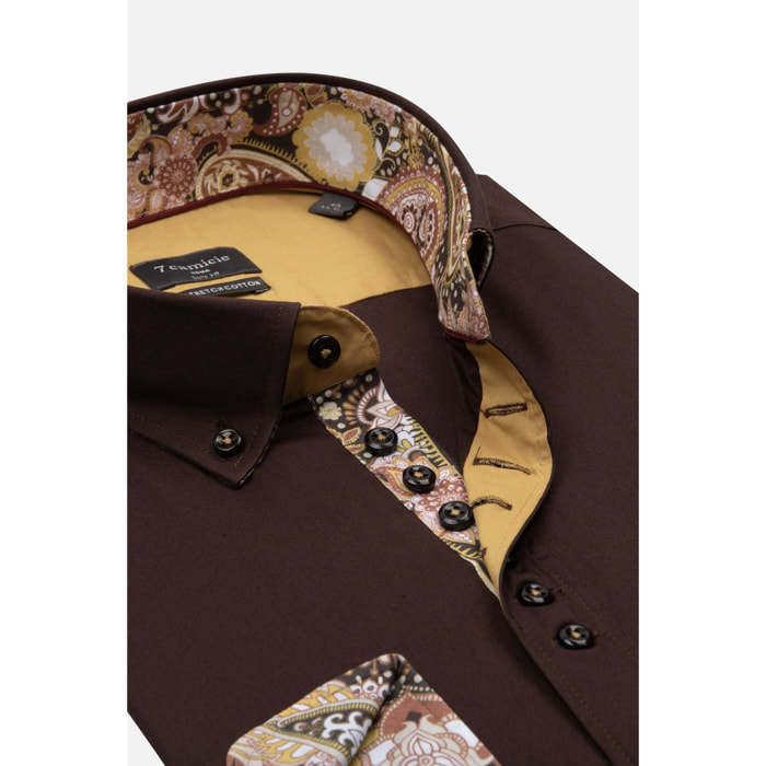 Camicia Uomo 1 Bottoni Button Down Slim Popeline Stretch Unito Marrone