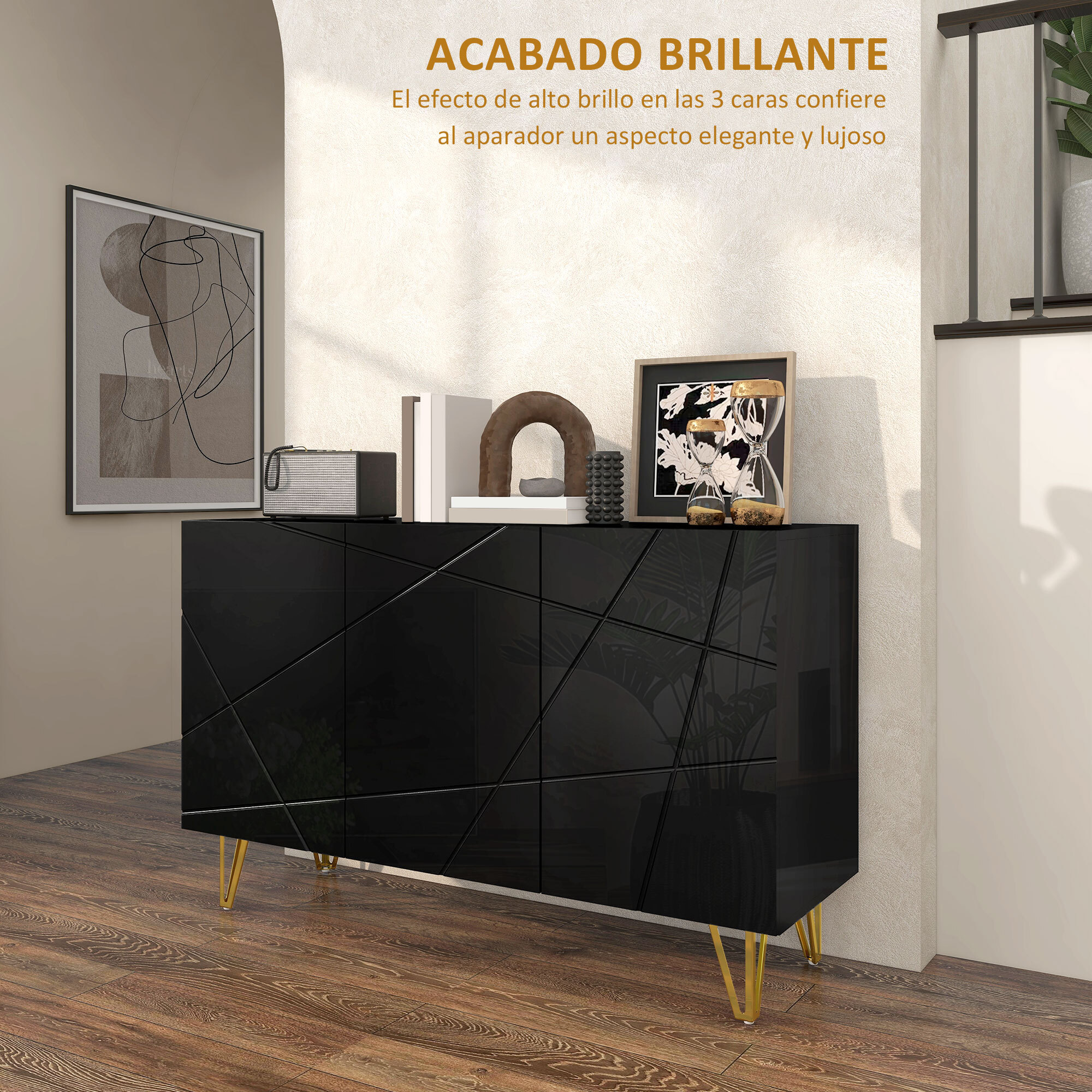 Aparador para Salón Aparador de Entrada con 3 Puertas y Estantes Ajustables Armario de Almacenamiento para Cocina Sala 120x40x75 cm Negro Brillo