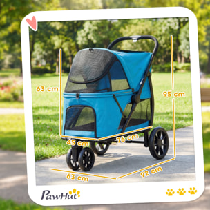 Carrito para Perros Plegable, Cochecito para Perros Medianos con 3 Ruedas, Ventanas de Malla, Cojín Lavable, Bolsilo, Correas de Seguridad, Frenos, Todo Terreno, Carga 20 kg, 92x63x95 cm, Azul