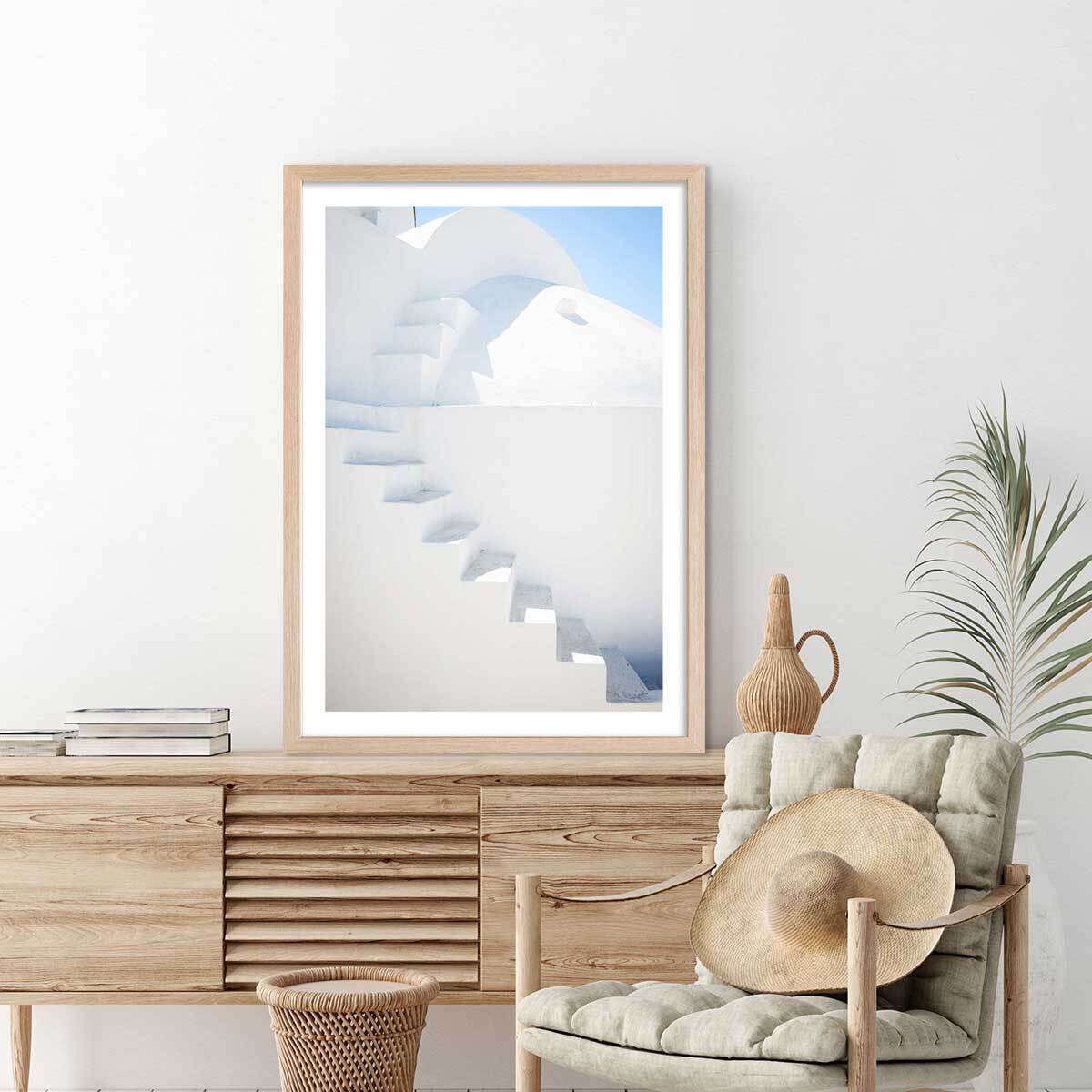 Poster escaliers sur oia Affiche + cadre en bois - Chêne