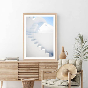 Poster escaliers sur oia Affiche + cadre en bois - Chêne
