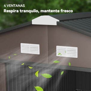 Caseta de Jardín Exterior, 12,4 m² 340x386x200 cm, Cobertizo de Jardín Exterior Metálico con Puerta Corredera, Base Refuerzo (Suelo NO Incluido) y Ventanas Marrón