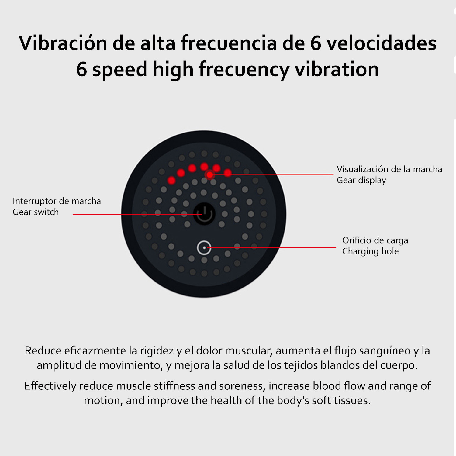 Pistola de masaje muscular Fascia Gun TY602. 6 niveles con velocidad hasta 3200 rpm. 4 cabezales.