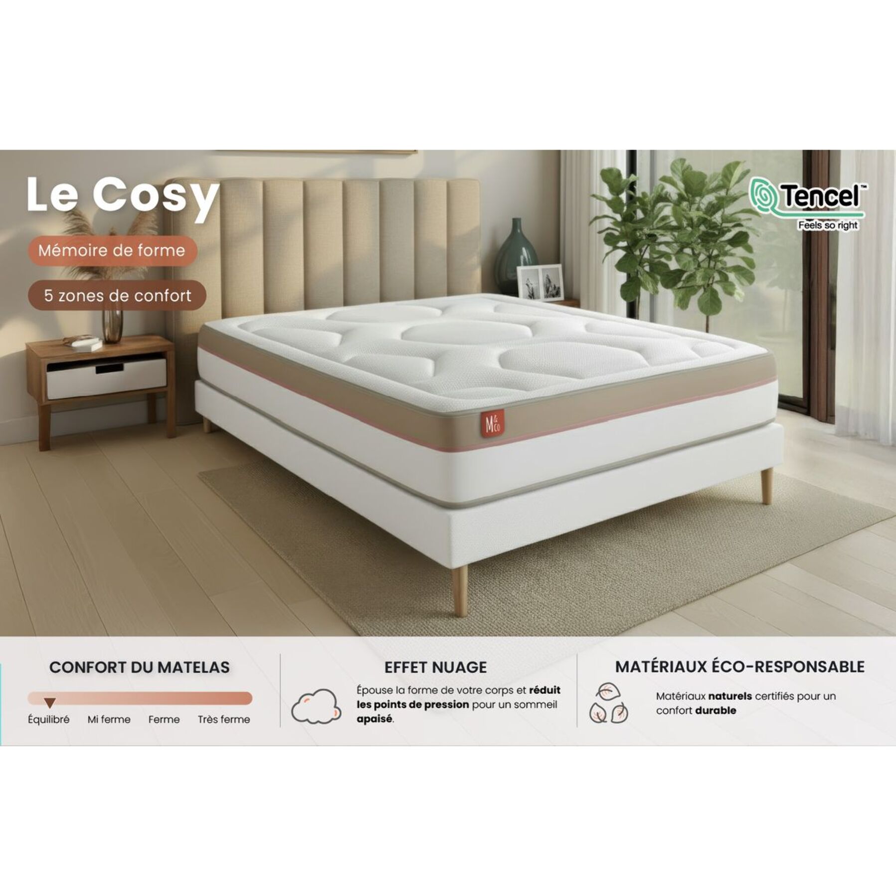 Ensemble Matelas Le Cosy - 30cm - Mémoire de forme - Confort durable - Sommier kit Blanc