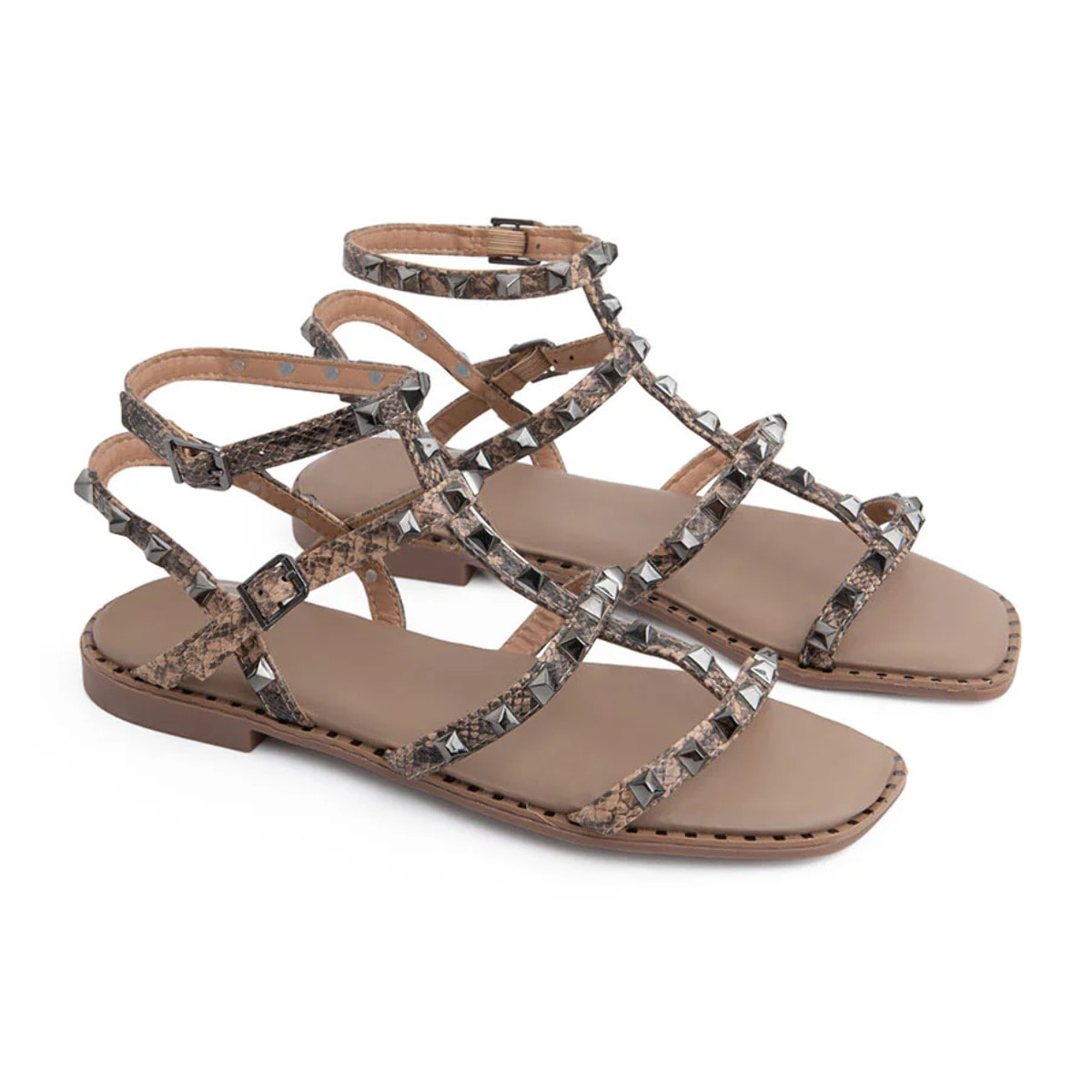 Sandalo flat con pietre noir - KHAKI