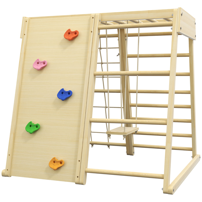 Ensemble d'escalade aire de jeux 5 en 1 avec balançoire, mur d'escalade, filet à grimper, échelle horizontale, jouets d'escalade pour enfants, 120 x 105 x 120 cm, bois naturel