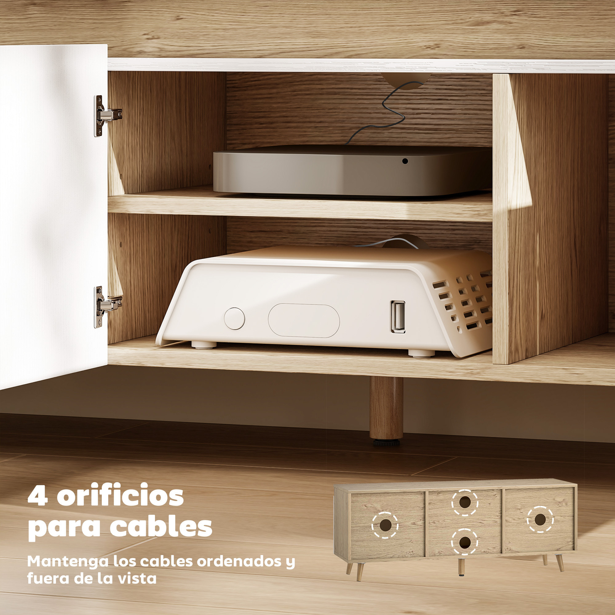 Mueble de TV, Mesa de TV para Salón, con 3 Puertas, para Televisión de 55 Pulgadas, Estilo Moderno, 120x35x45,5 cm, Roble y Blanco