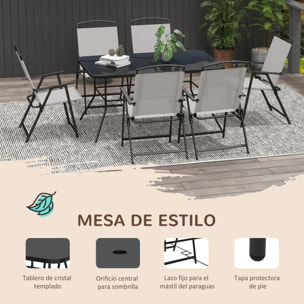 Conjunto de Muebles de Jardín de 7 Piezas Conjunto de Comedor de Exterior con 6 Sillas Plegables y Mesa de con Orificio para Sombrilla para Terraza Exterior Gris