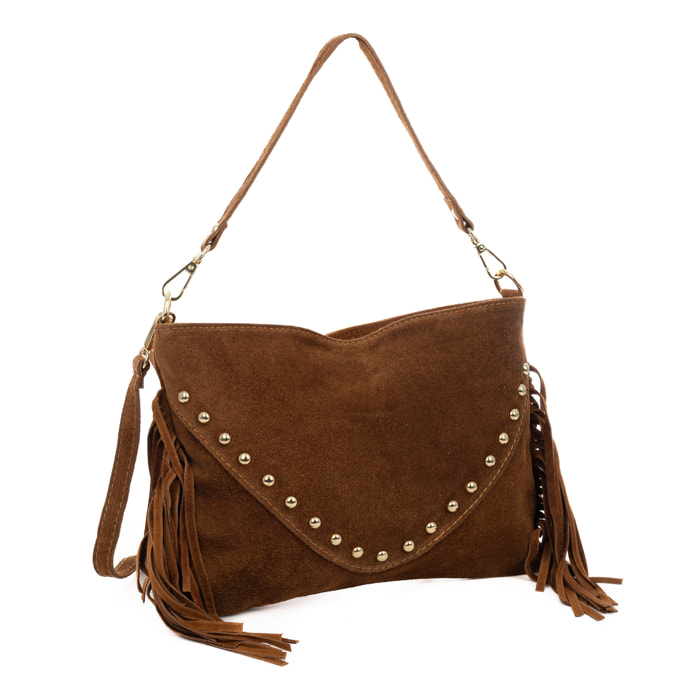 Bellegra Bolso de hombro Mujer. Piel auténtica Gamuza con detalles metálicos.