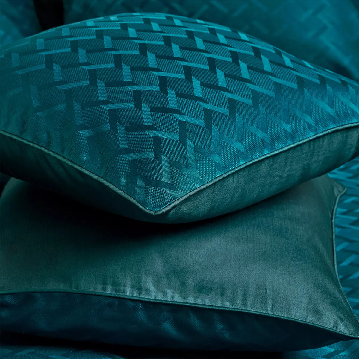 Taie d'oreiller satin de coton motif jacquard bleu Adagio crepuscule