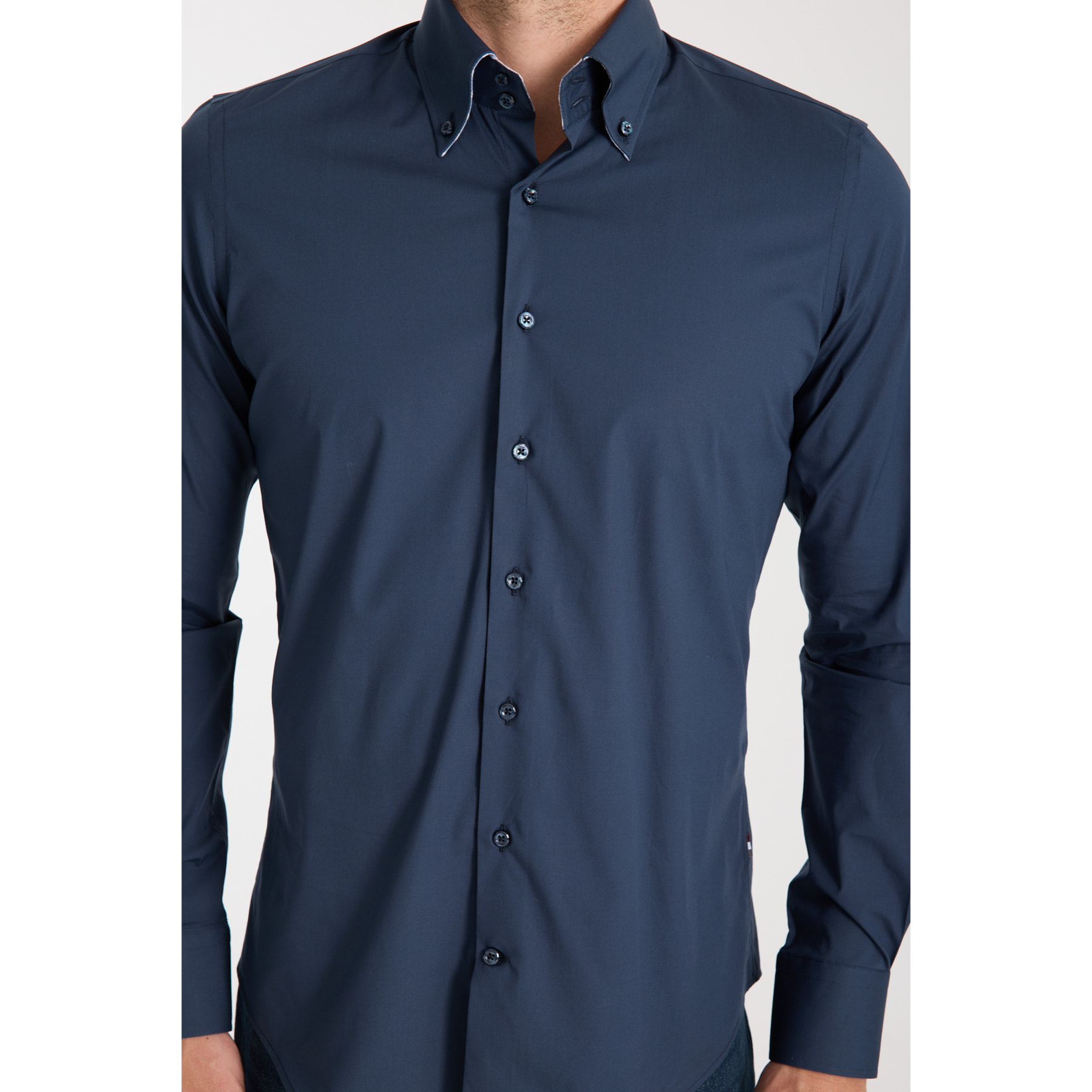Camicia Uomo 2 Bottoni Button Down Slim Popeline Stretch Unito Blu