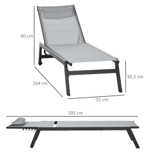 Bain de soleil transat inclinable 5 positions - tétière, 2 roulettes - alu. textilène gris