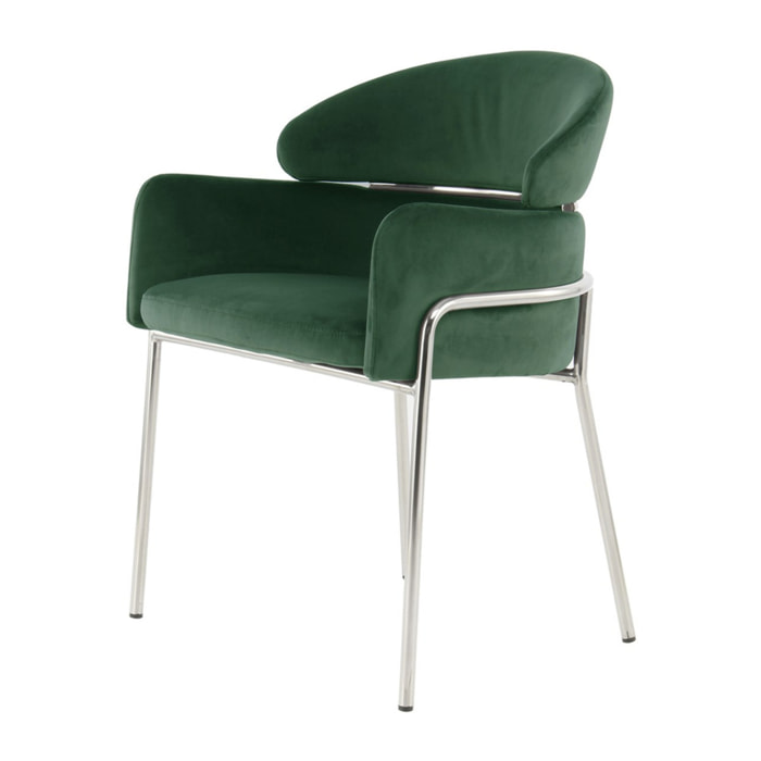 Sedia di design Elva in velluto verde e metallo argento