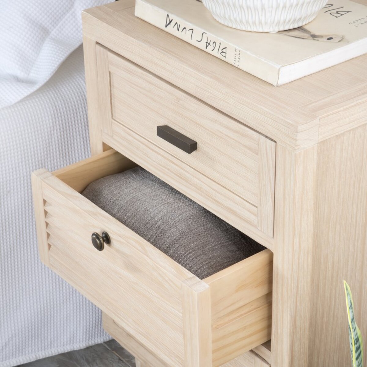 Table de chevet Venice -bois massif, panneau de mdf et placage naturel-couleur naturel 46 x 69 x 37 cm