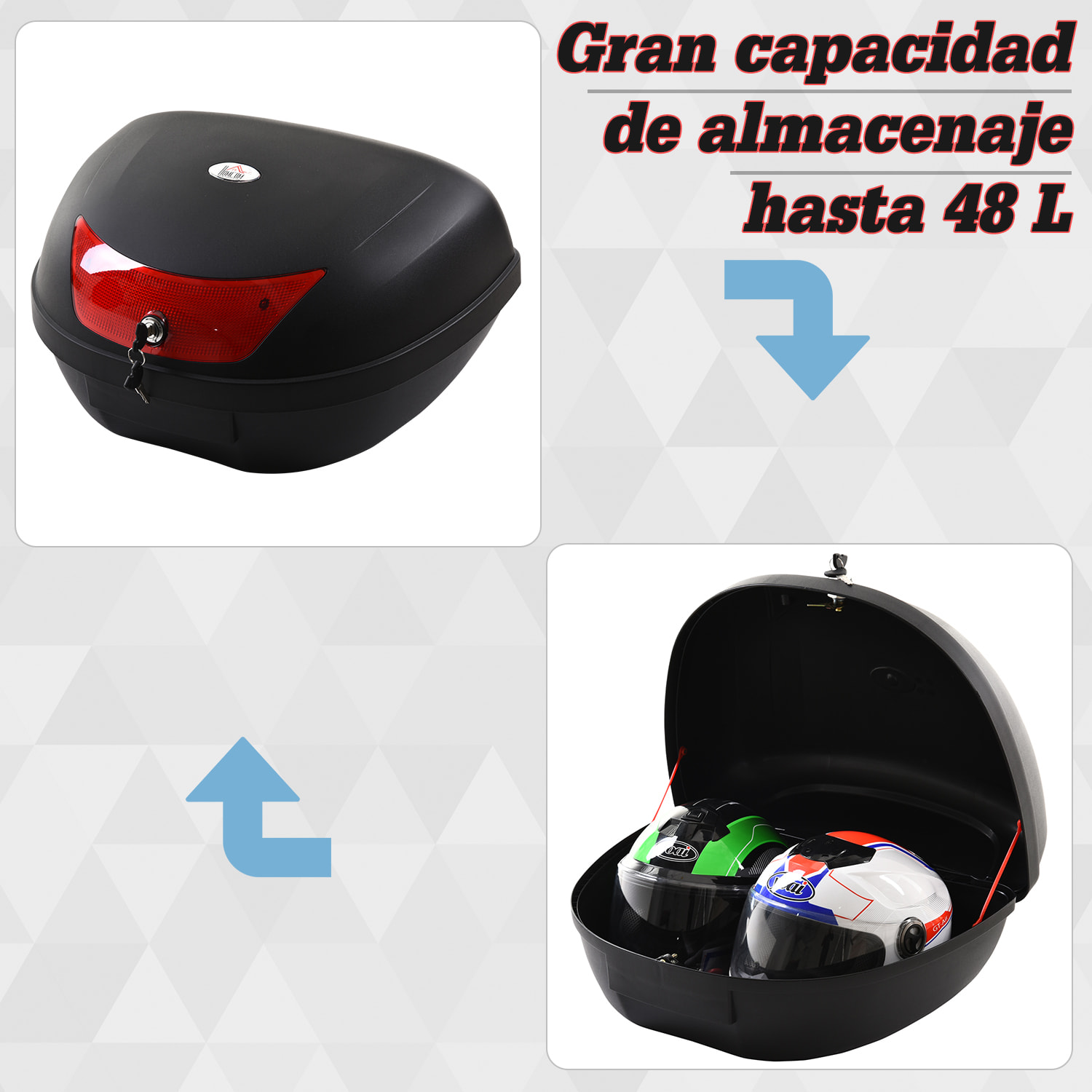 Baúl de Moto Capacidad de 48 L Cerradura con Dos Llaves Accesorios 59x43x33 cm