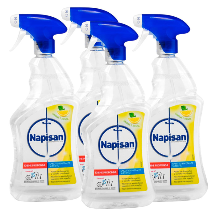 4x Napisan Spray Igienizzante Superfici Limone e Menta - 4 Flaconi da 750ml