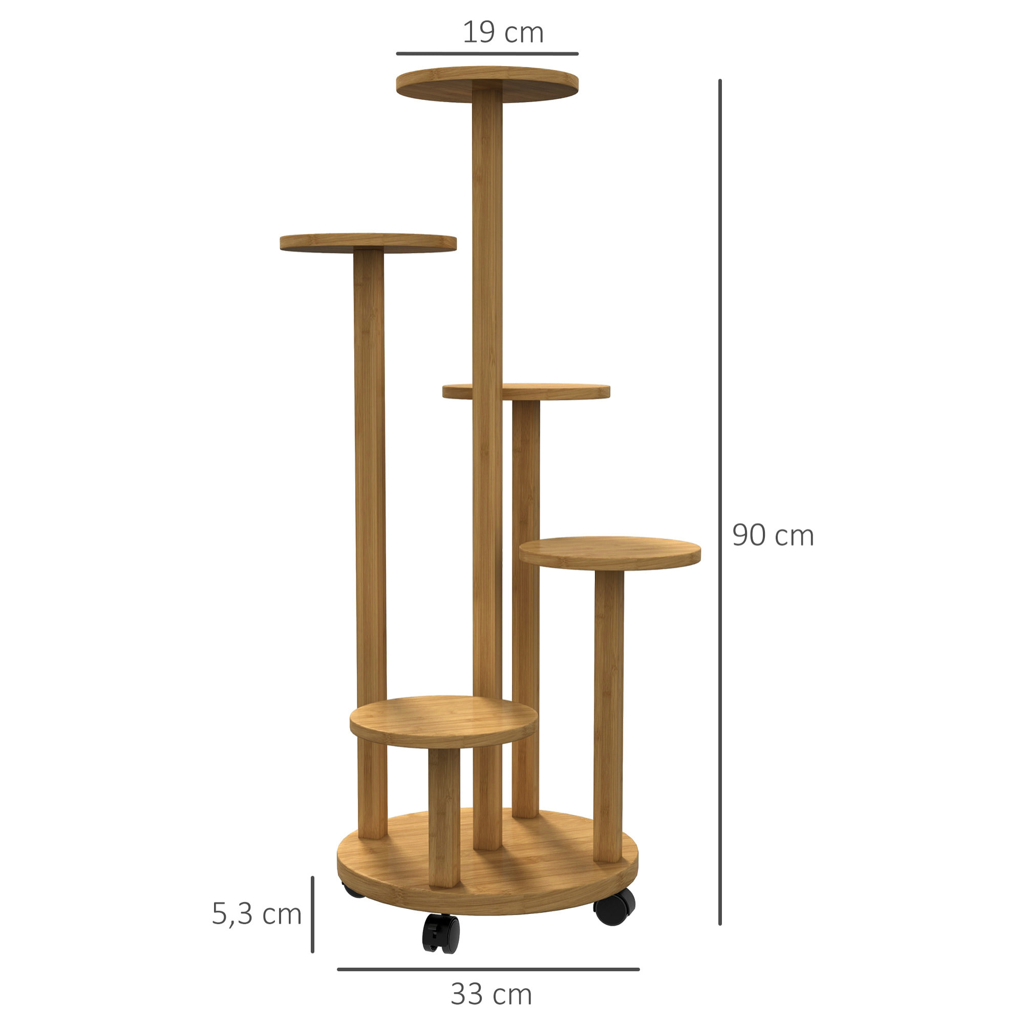 Soporte para Plantas de Bambú con Ruedas de 5 Niveles, Estantería Redonda para Plantas para Esquina, Soporte para Macetas, Interior y Exterior, 33x33x90 cm, Natural