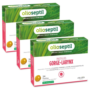 OLIOSEPTIL - Pastilles à Sucer Gorge-Larynx - Sans Sucres Ajoutés - Extraits de Plantes, Vitamine C, Cuivre et Huiles Essentielles - Apaise et Assainit la Gorge - Goût Miel Eucalyptus - Lot de 3