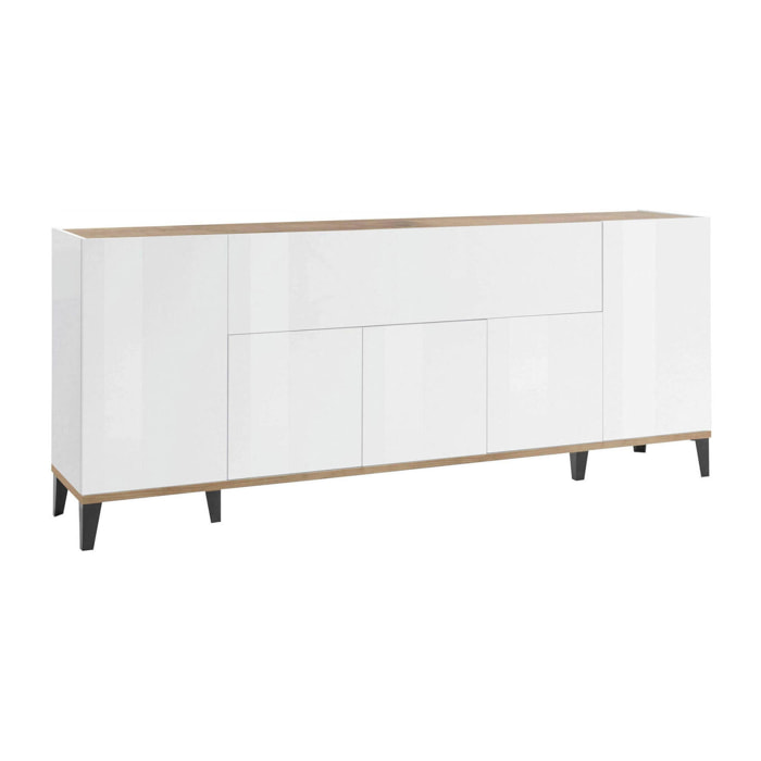 Credenza Amour, Madia da cucina a 6 ante, Buffet da soggiorno, 100% Made in Italy, cm 200x40h82, Bianco lucido e Acero