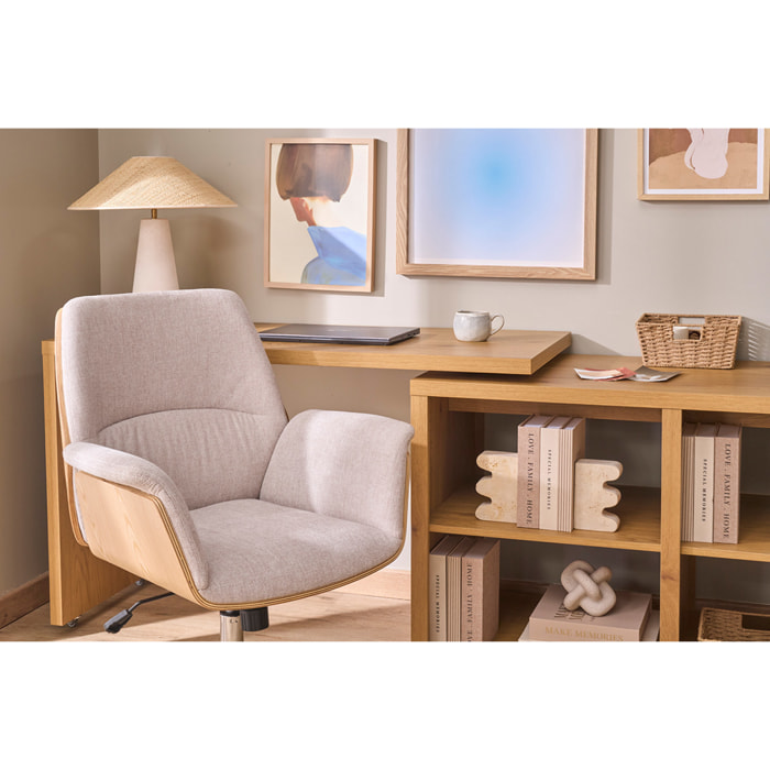 Chaise de bureau à roulettes en tissu effet velours texturé beige, bois clair et métal chromé HELIOS