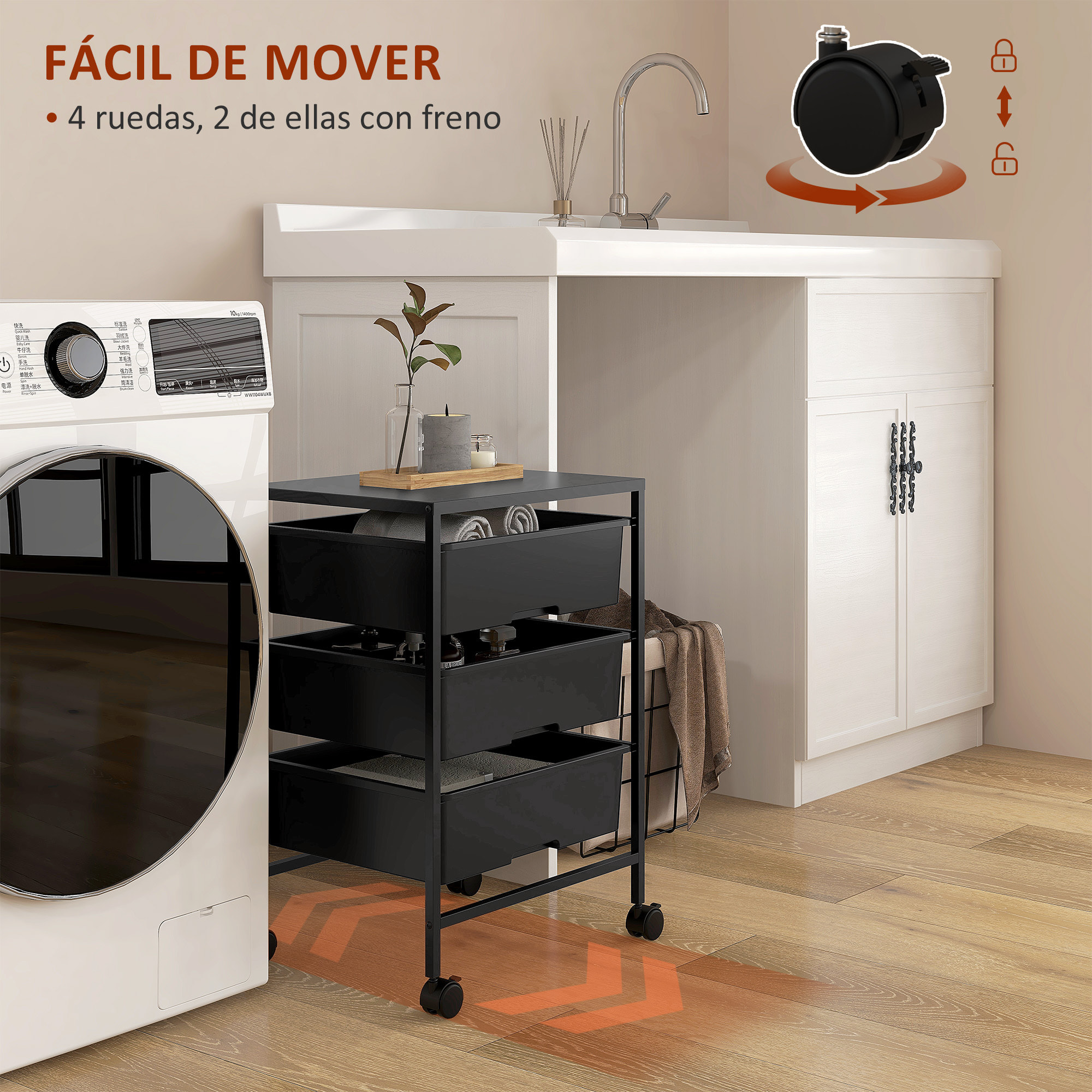 Carrito Auxiliar con Ruedas Carrito de Cocina de 3 Niveles con 3 Cestas para Almacenamiento y Marco de Acero para Comedor Sala Baño 40,8x33,5x60,5 cm Negro