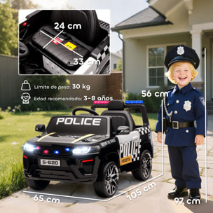 Coche Eléctrico para Niños de Policía, Coche de Batería 12V, con Motor Doble, Mando a Distancia 2,4 G, Suspensión en 4 Ruedas, Sirena, Faros LED, Puerto USB, Blutooth y Música, Negro