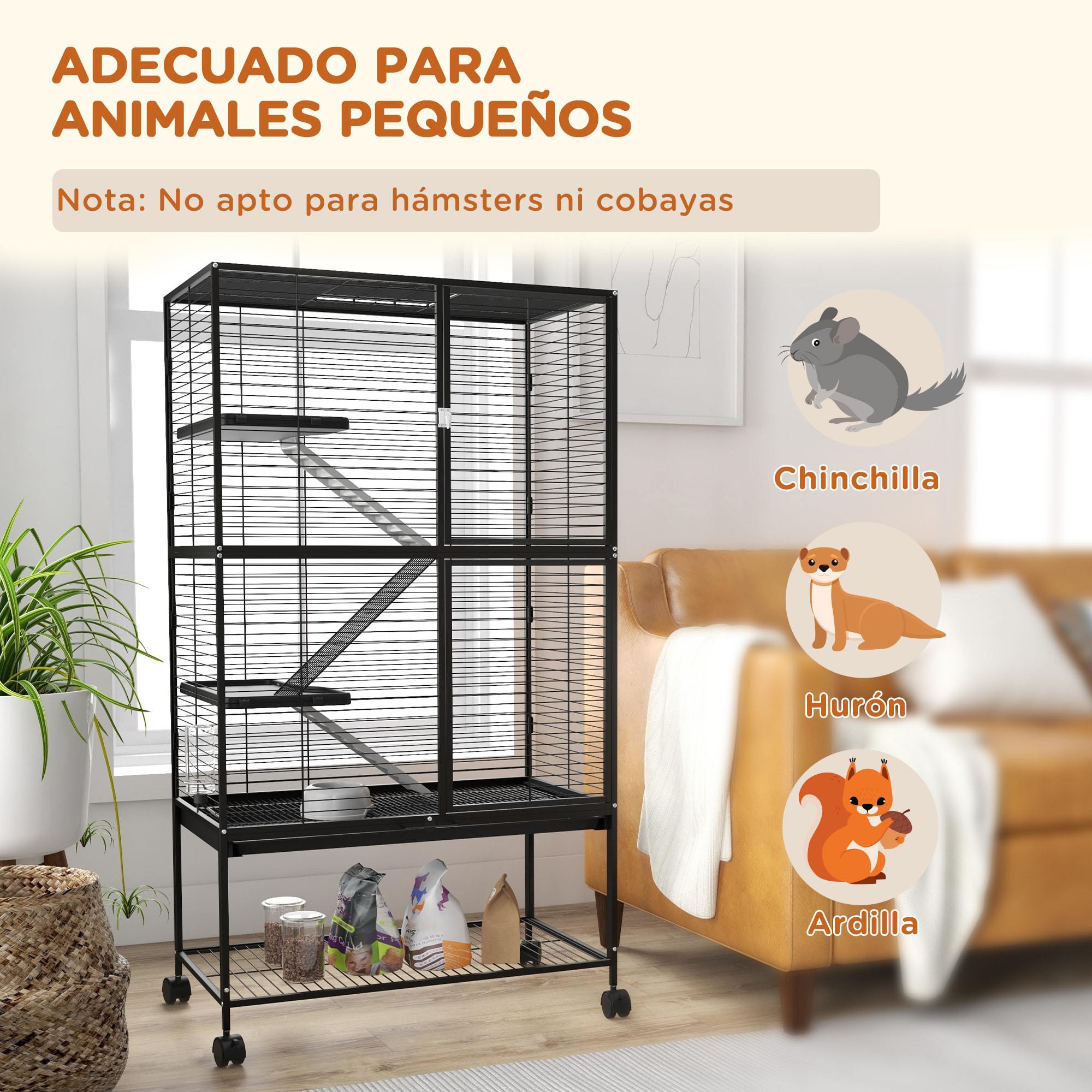 Jaula para Animales Pequeños de 4 Niveles Parque para Mascotas con Ruedas Rampa Cuenco Botella de Agua y Bandeja Extraíble Recinto para Conejos Chinchillas Hurones 78x45,5x136 cm Negro