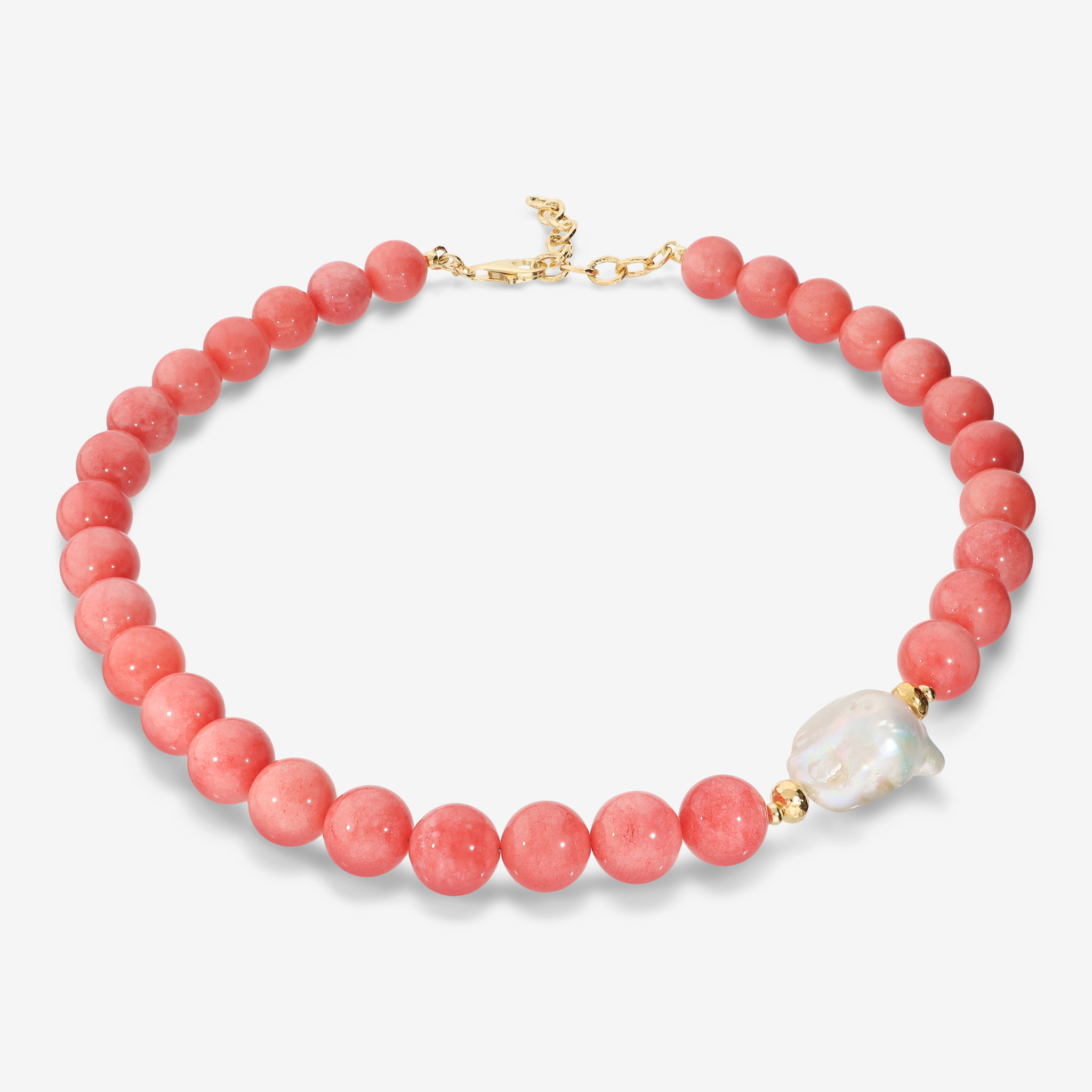 PERLAVIVA - Collana Girocollo con Quarzite Rosa e Perla Scaramazza d'Acqua Dolce Bianca Ø 14/14.5 mm in Argento 925 placcato Oro Giallo 18Kt