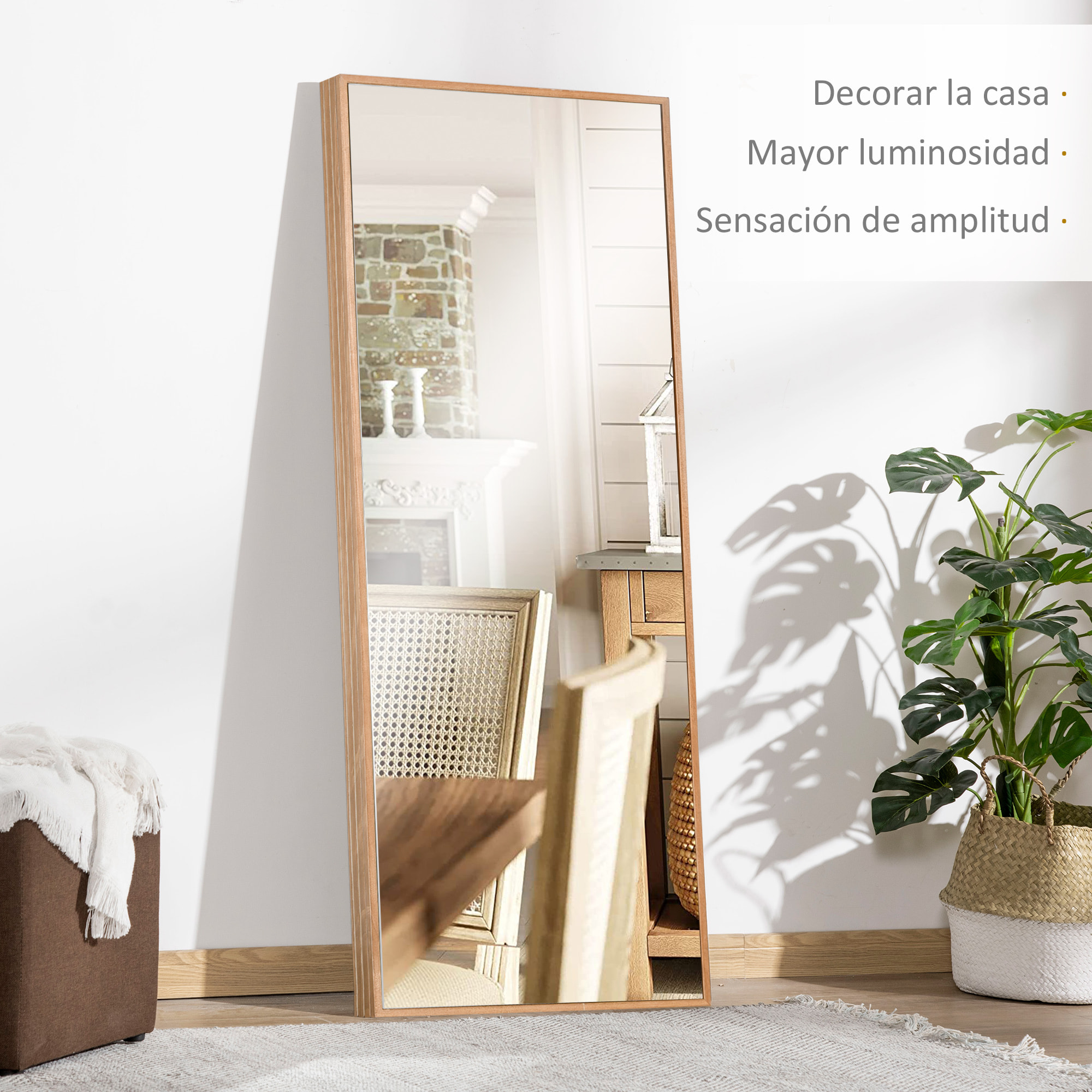 Espejo de Pared Cuerpo Entero 125x45 cm Espejo de Pie Espejo de Suelo Grande de Madera Estilo Moderno Decorativo para Salón Dormitorio Entrada Natural