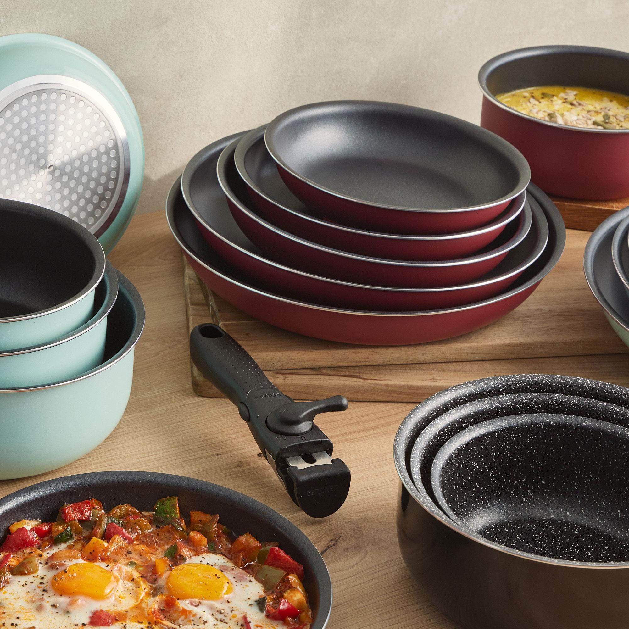 juego de 3 sartenes ø18ø20ø24cm aluminio prensado rojo + mango extraíble