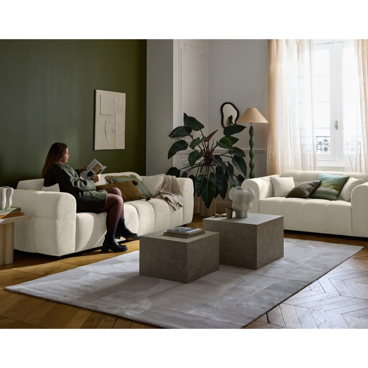Ray - canapé droit 3 places en tissu texturé - Beige