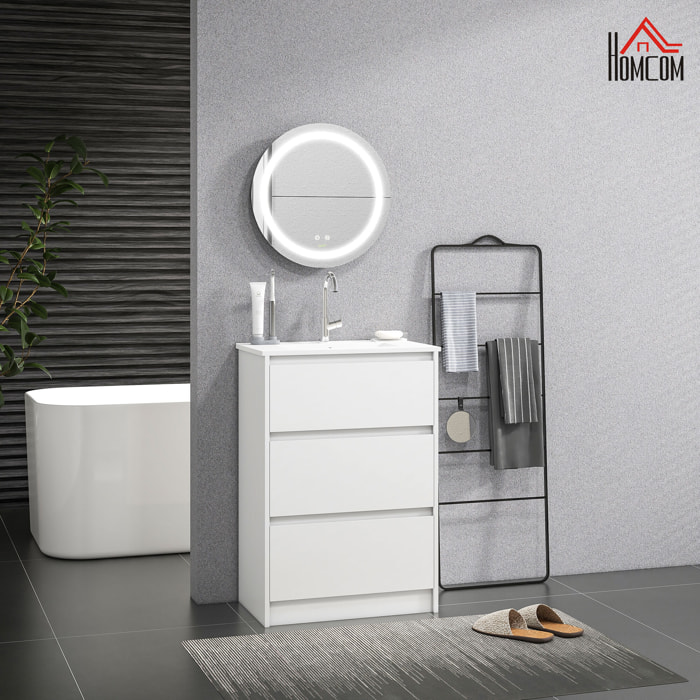 Conjunto de Baño Incluye 1 Mueble de Baño con Lavabo 61x37x88 cm y 1 Espejo de Baño con Luz LED Antivaho Interruptor Táctil Ø50x4,6 cm Blanco Brillante y Plata