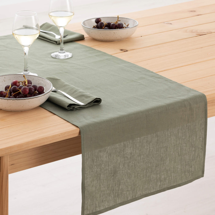 Chemin de table 100% lin armée verte 45x140 cm