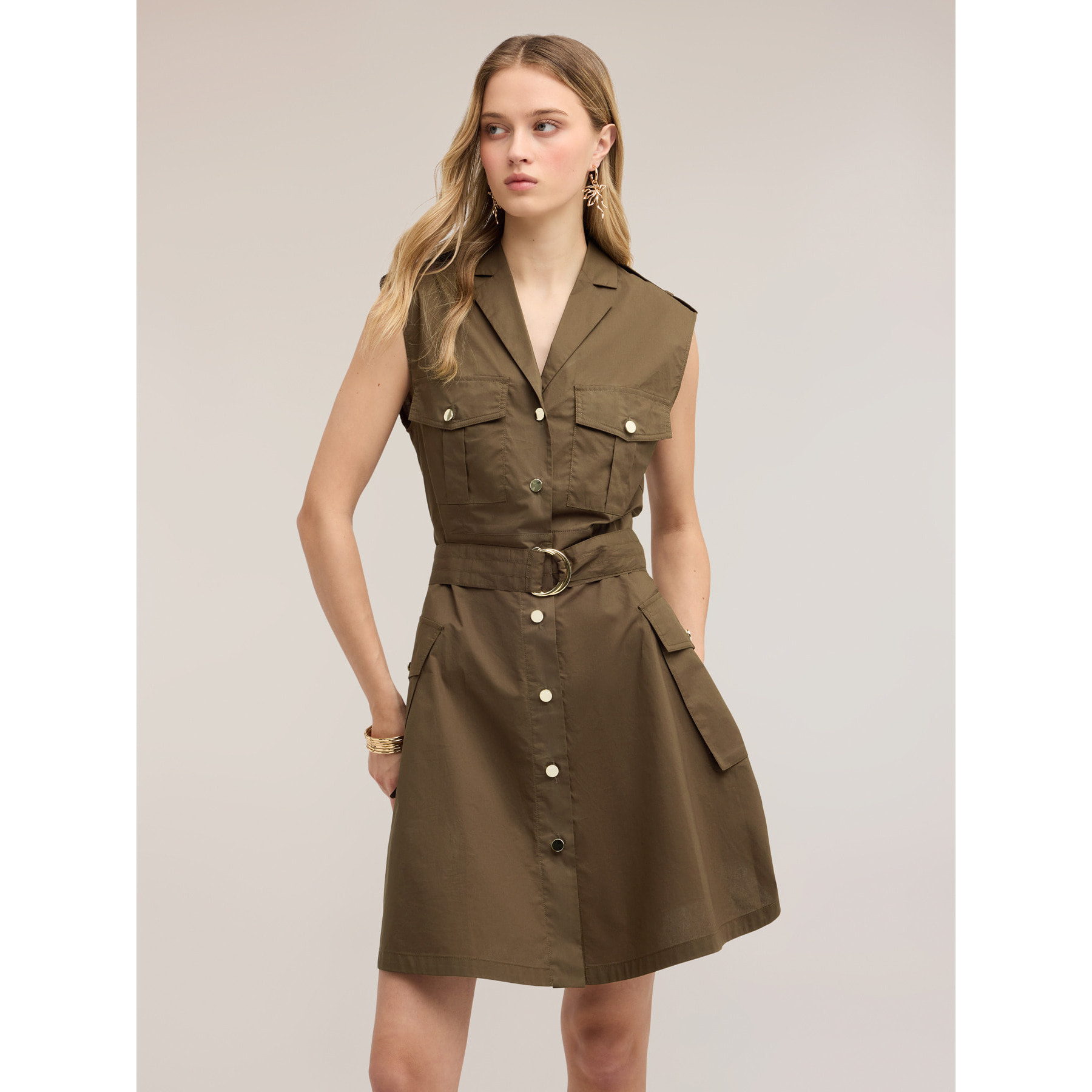 Motivi - Vestito chemisier in popeline con cintura - Verde militare
