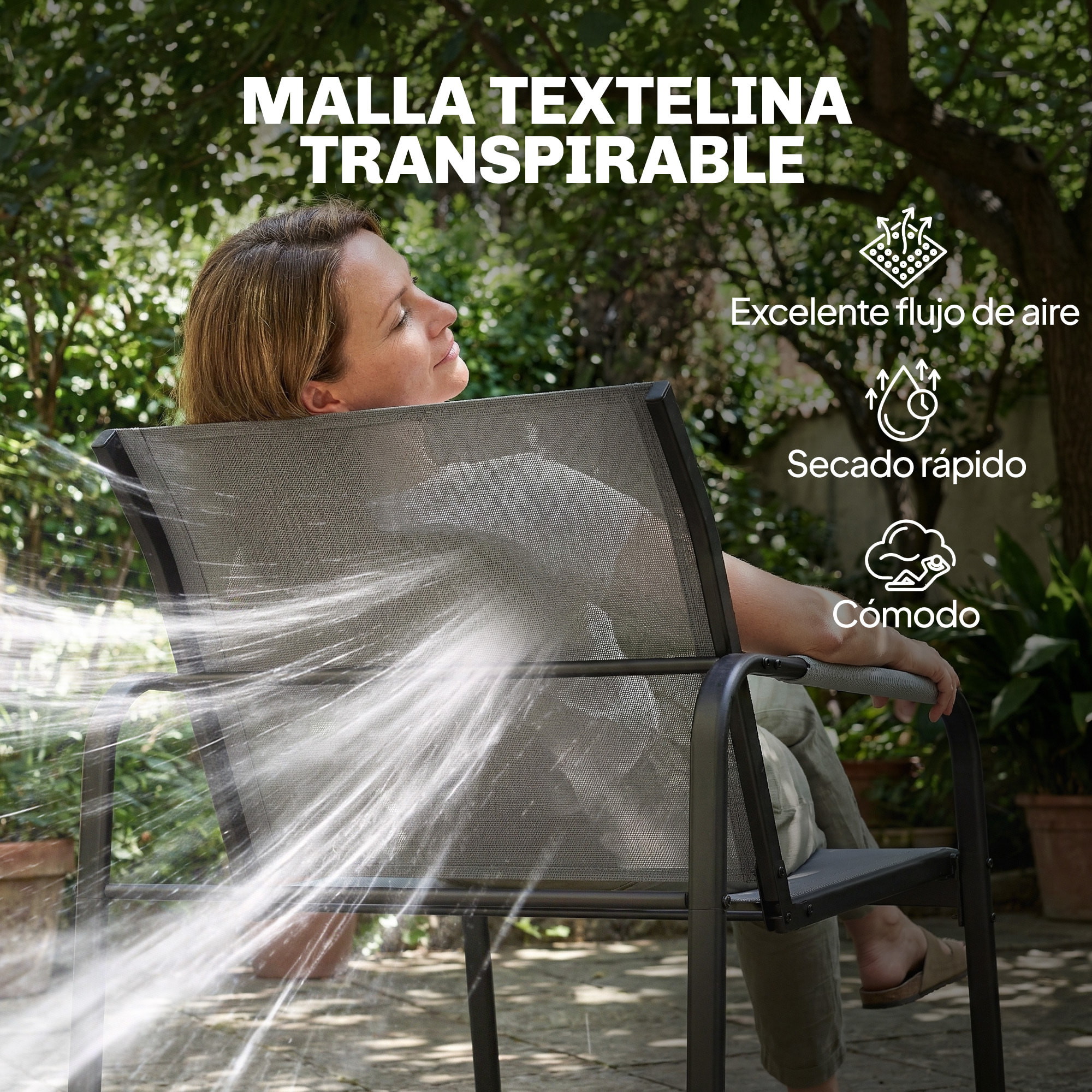 Conjunto de Jardín Exterior de 4 Piezas, Muebles Jardín Exterior con 1 Sofá de 2 Plazas, 2 Sillones y Mesa de Vidrio Templado, Estructura de Acero y Textilene Transpirable, Gris