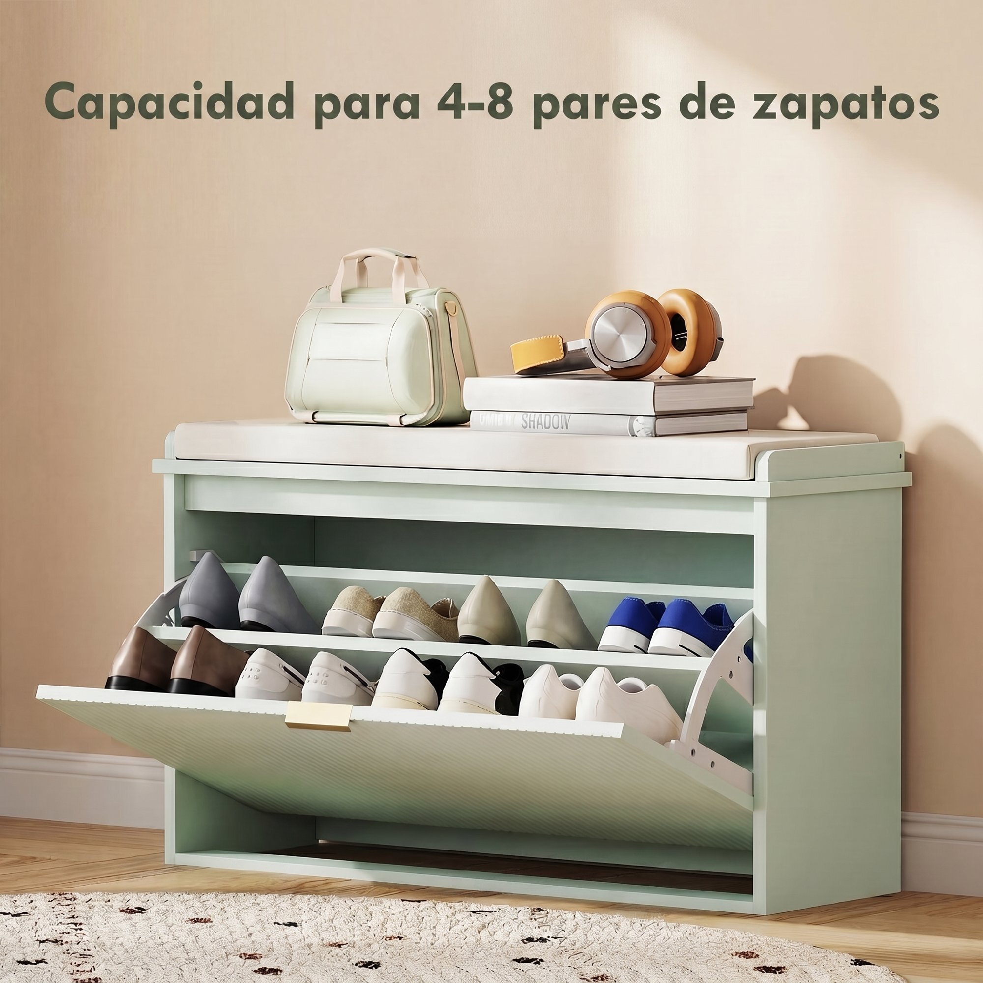 Banco Zapatero Estrecho, Banco Recibidor con Asiento Acolchado, Cajón Abatible y Estante Ajustable, para 8 Pares de Zapatos, para Entrada, Dormitorio, 80x26x47,5 cm, Verde Claro