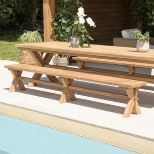 KALLY - Banc de jardin 270x35cm en bois teck recyclé pieds croisés