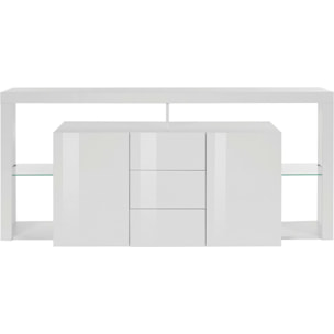 Credenza Ddapozz, Buffet da soggiorno a 2 ante e 3 cassetti, Madia da salotto, Credenza moderna, 100% Made in Italy, 180x40h80 cm, Bianco lucido