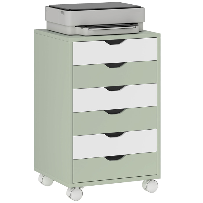 Cajonera Escritorio, Archivador Móvil con 6 Cajones, Soporte para Impresora con Ruedas, Guías Deslizantes Silenciosas, para Oficina, Casa, Verde y Blanco