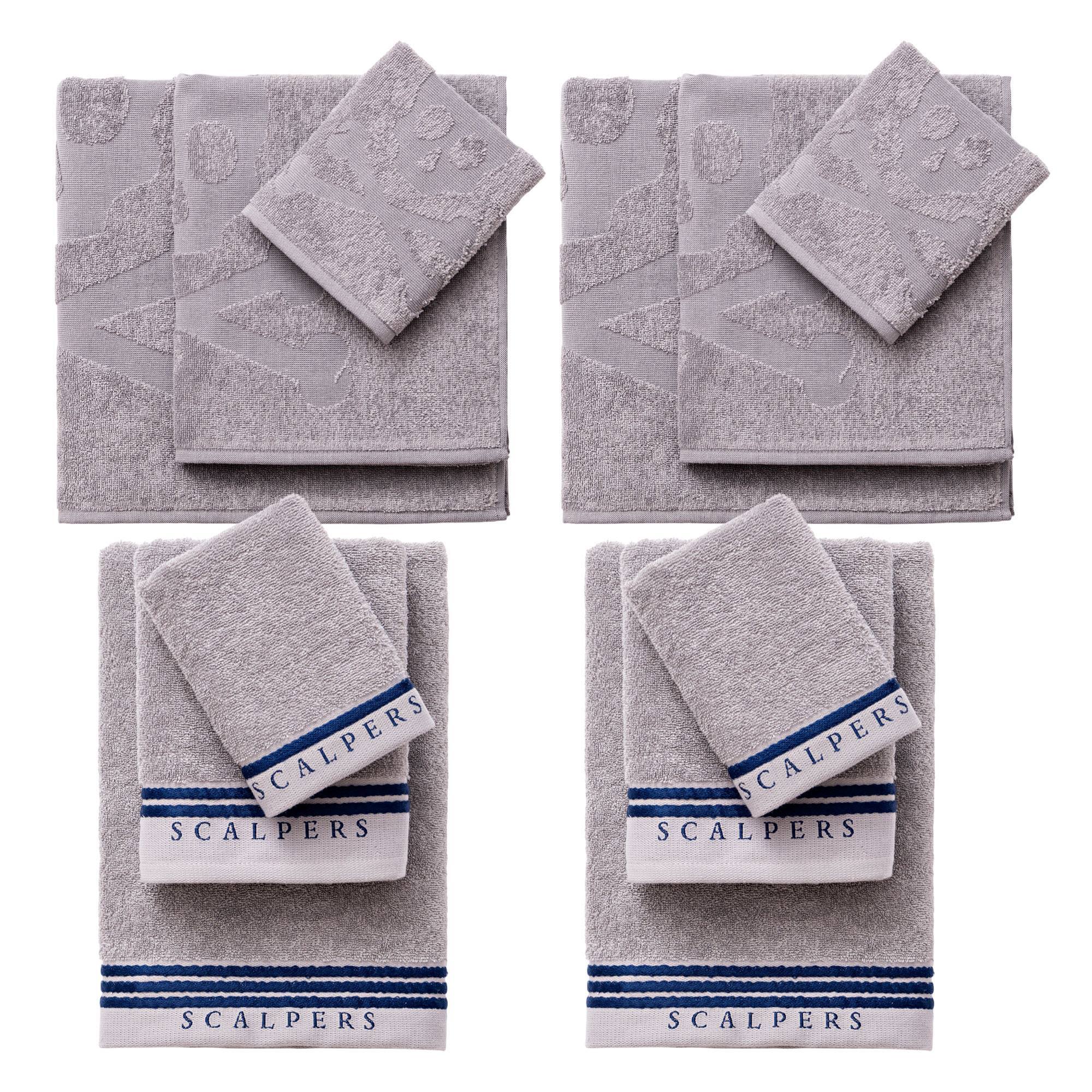 Juego de 4 sets de 3 toallas grises (4x tocador 30x50cm + 4x manos 50x90cm + 4x baño 70x140cm) 450gsm en algodón scalpers home