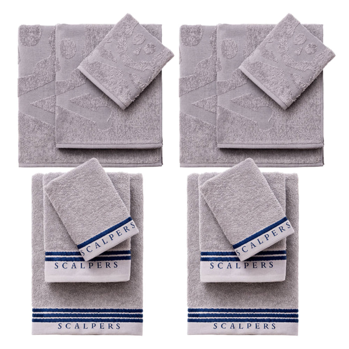 Juego de 4 sets de 3 toallas grises (4x tocador 30x50cm + 4x manos 50x90cm + 4x baño 70x140cm) 450gsm en algodón scalpers home