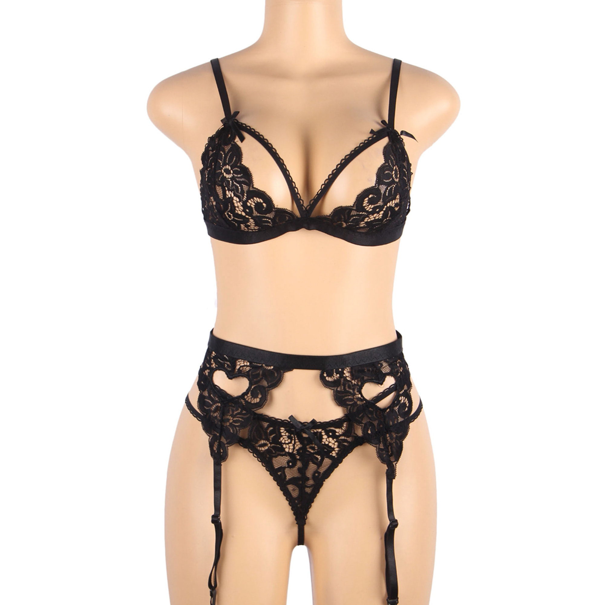 Conjunto Lencería de sujetador, tanga y liguero, Negro