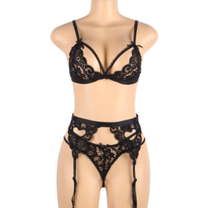 Conjunto Lencería de sujetador, tanga y liguero, Negro
