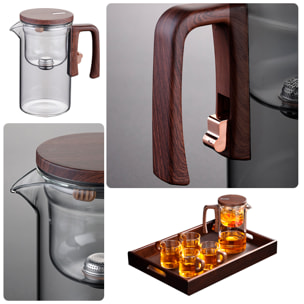 Tetera de cristal de 520ml con filtración magnética con 4 tazas y bandeja para servir.